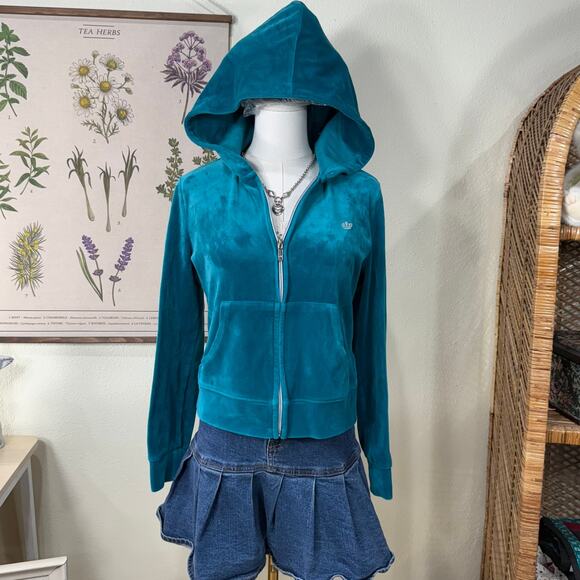 Juicy Couture Peacock Blue Teal Velour Track Hoodie Jacket Y2k McBling Trashy M - Picture 1 of 10